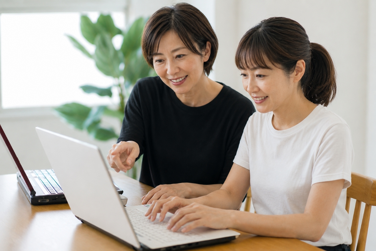 講師と受講者が1対1で画面を見ながら楽しく学んでいる様子